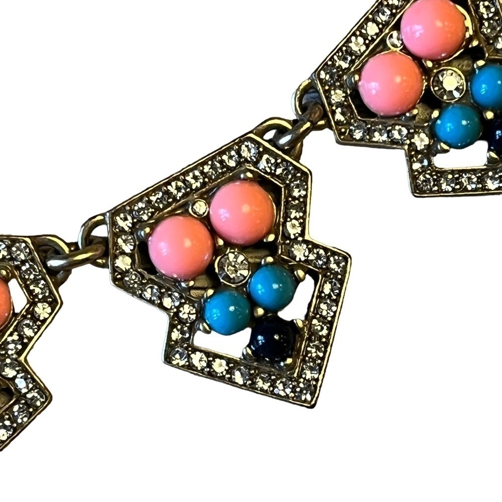 J Crew Antique Look Statement Bib Necklace Gold Peach Blue Rhinestones